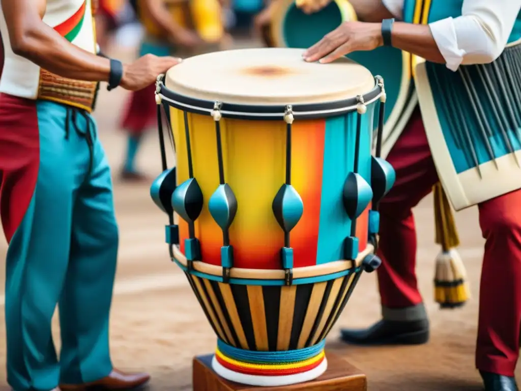 Detalles vibrantes de tambor de Candombe Una detallada acuarela de un tambor de Candombe, instrumento típico del Carnaval Uruguayo, con detalles vibrantes y geométricos
