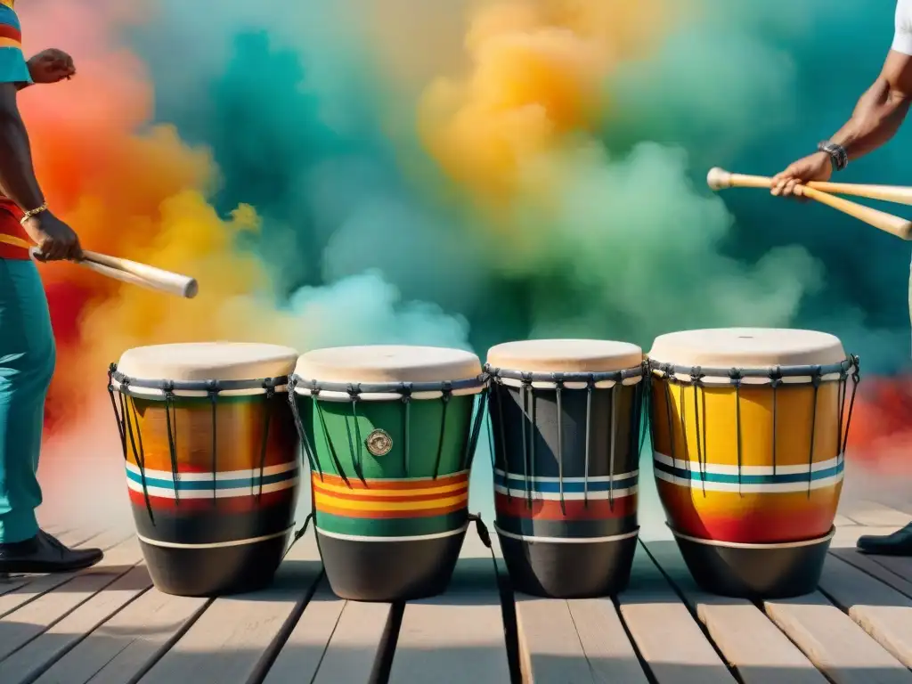 Detalles vibrantes: tambores de Candombe en acuarela Ilustración detallada en acuarela de los tipos de tambores en Candombe: Chico, Repique y Piano