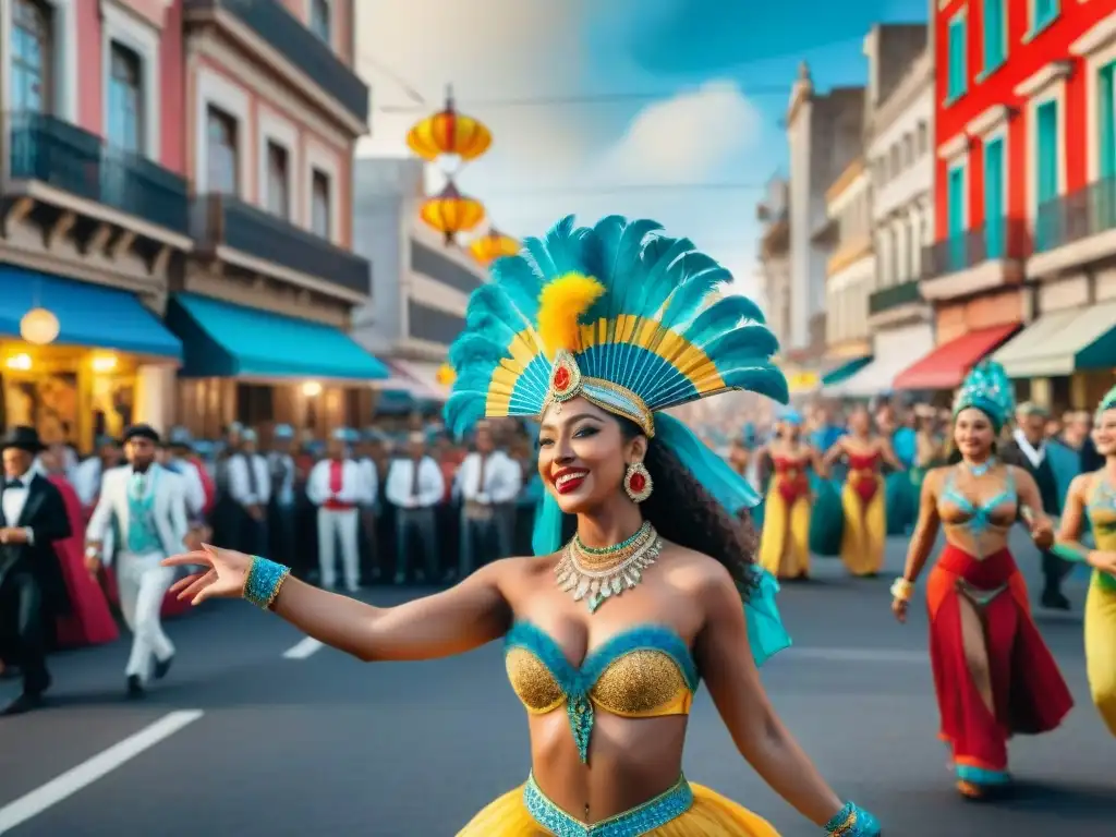 Carnaval de Montevideo: Celebración vibrante y colorida Ilustración detallada en acuarela del vibrante Carnaval de Montevideo, con impacto económico del Carnaval Uruguayo