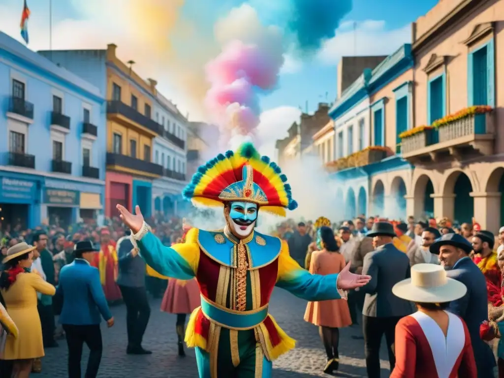 Callejón vibrante en Carnaval Uruguayo Ilustración detallada en acuarela del vibrante Carnaval Uruguayo con parodistas impactantes y coloridas revistas, energía contagiosa