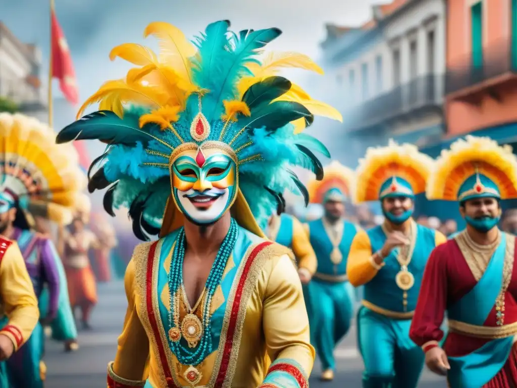 Desfile vibrante de Carnaval en Uruguay Ilustración detallada en acuarela del vibrante Carnaval en Uruguay, con trajes y máscaras tradicionales, bailarines alegres y música animada
