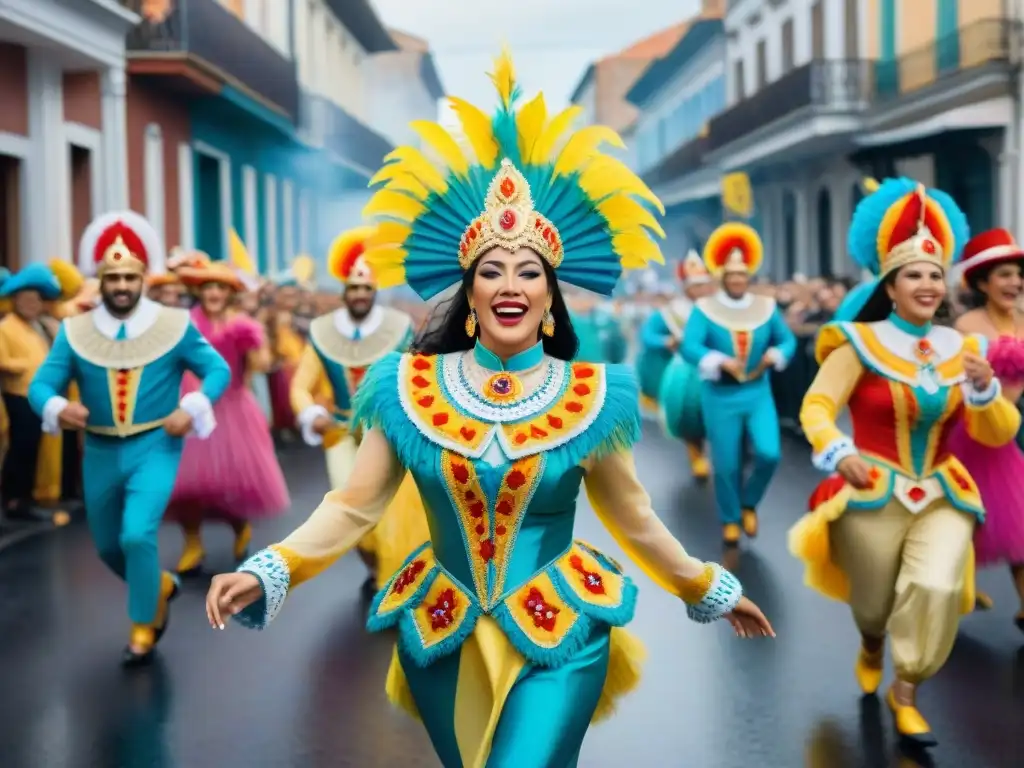 Pintura acuarela detallada de Carnaval en Uruguay Una detallada acuarela del vibrante Carnaval en Uruguay, con coloridos trajes y desfiles alegres