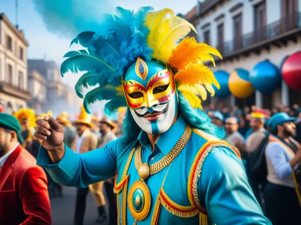Pintura detallada del Carnaval en Uruguay: desfile vibrante Detallada acuarela del vibrante Carnaval en Uruguay, con trajes elaborados y multitudes jubilosas