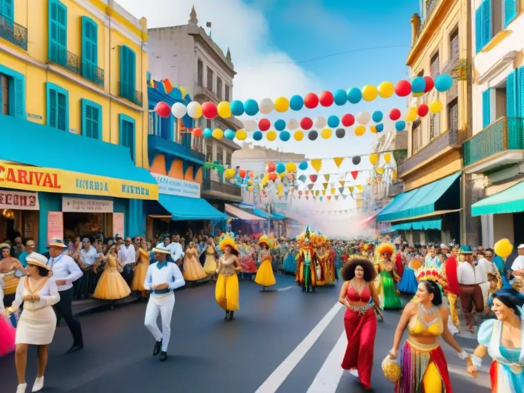 Detallada acuarela de un vibrante desfile de Carnaval en Montevideo, Uruguay, con platos típicos uruguayos