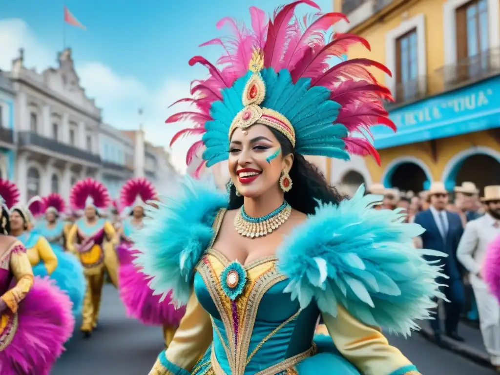 Deslumbrante desfile de carnaval en Uruguay Detallada acuarela de un vibrante desfile de carnaval en Uruguay con paleta de colores carnavalescos