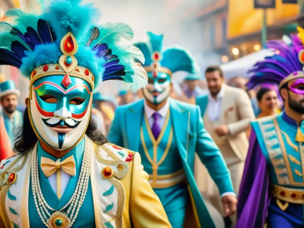 Detallada pintura acuarela del vibrante Carnaval Uruguayo Detallada acuarela de un vibrante desfile de figuras en trajes de carnaval uruguayo, representando la historia y evolución cultural