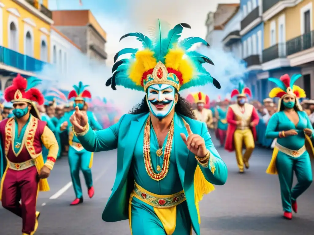Deslumbrante desfile de Carnaval en Uruguay Ilustración detallada en acuarela del vibrante desfile de Carnaval en Uruguay, con trajes coloridos y energía festiva