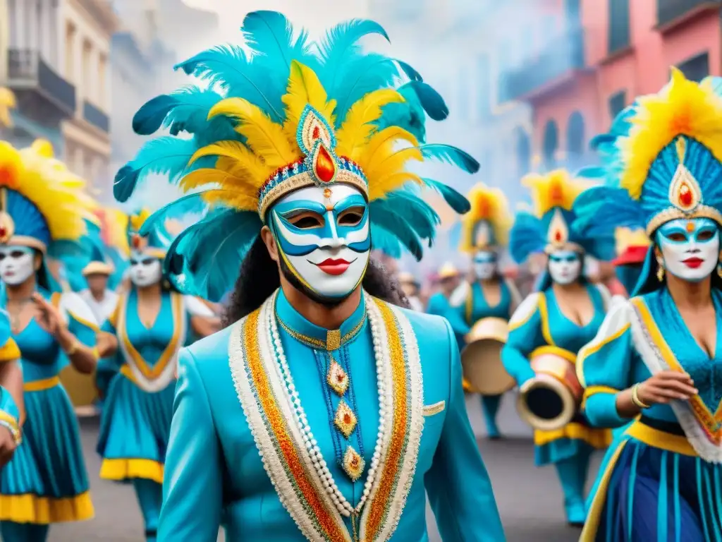 Baile de Carnaval en Uruguay: Fusión política y alegría festiva Detallada acuarela de vibrantes bailarines de carnaval en atuendos tradicionales uruguayos, fusionando temas políticos con la alegría del carnaval