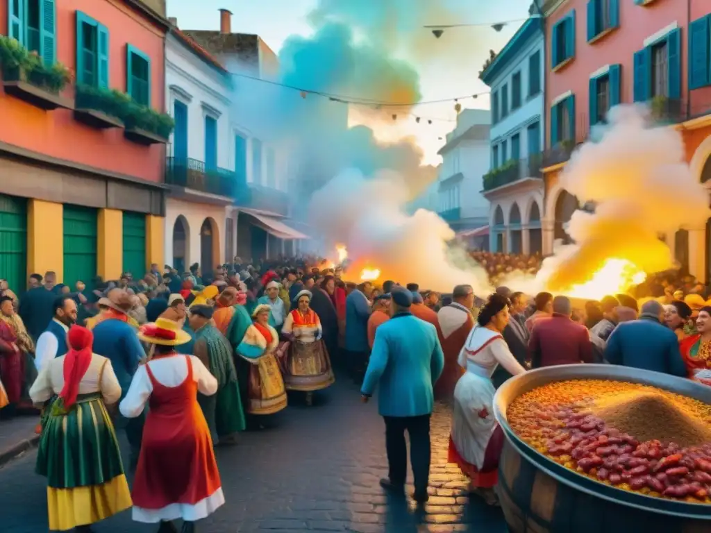 Calle uruguaya en Carnaval: color, tradición y Puchero Descripción detallada de una animada calle uruguaya durante el Carnaval, con una receta tradicional de Puchero y festividad colorida