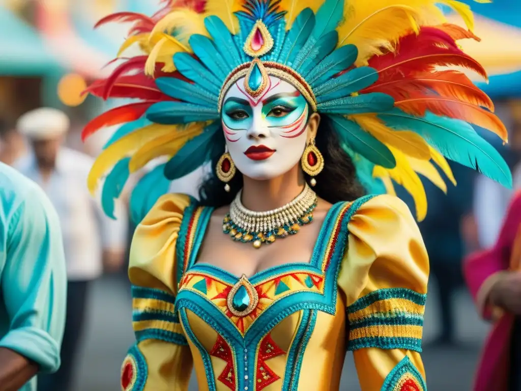 Artesanos uruguayos creando trajes de carnaval: detalle y color Detallada ilustración acuarela de artesanos uruguayos cosiendo trajes de carnaval, destacando técnicas ancestrales diseño vestuario carnaval