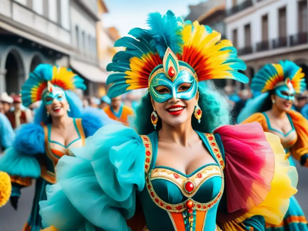Colorida danza de Carnaval Uruguayo Ilustración detallada de artistas del Carnaval Uruguayo en vibrante desfile