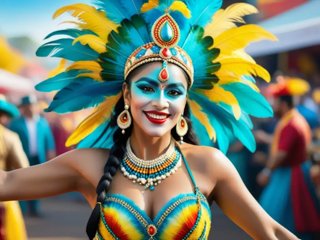 Comparsa uruguaya: danza festiva en Carnaval Detallada ilustración acuarela de bailarina de comparsa en atuendo tradicional del Carnaval uruguayo