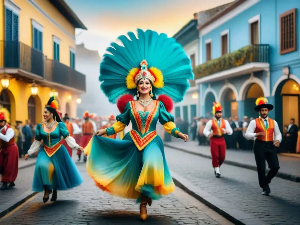 Colorida danza de carnaval en Uruguay Detallada ilustración acuarela de bailarines de carnaval en trajes tradicionales uruguayos, rodeados de edificios históricos y decoraciones festivas