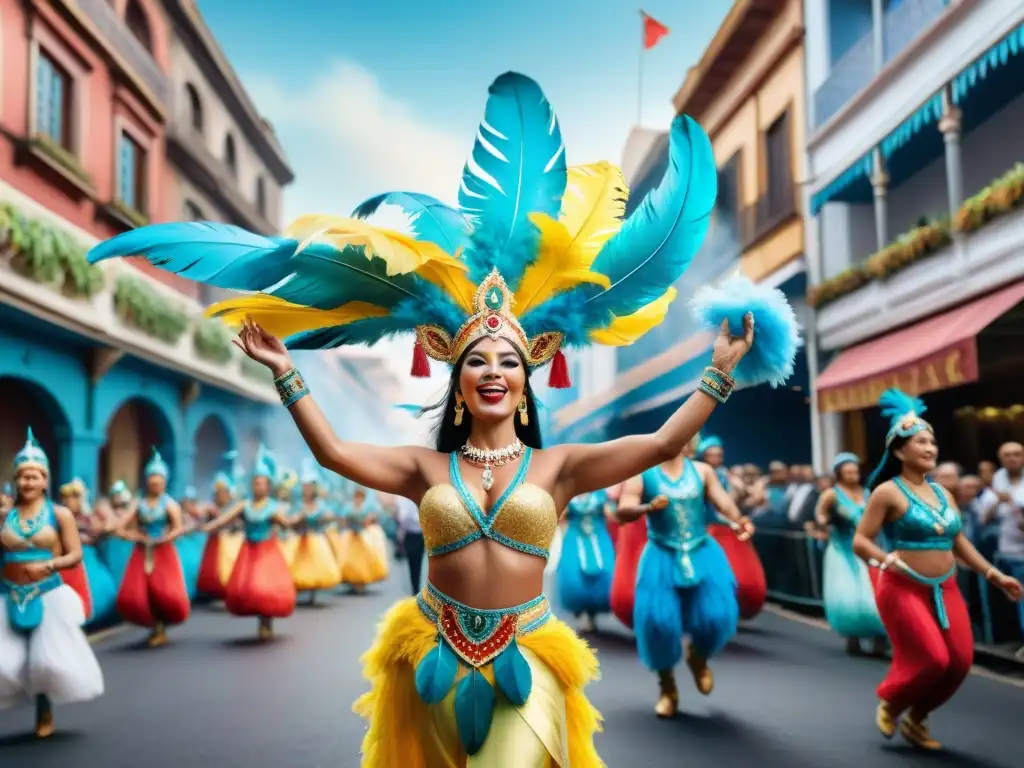 Carnaval Uruguayo: Street scene vibrante y colorida Detallada ilustración acuarela de bulliciosa escena callejera del Carnaval Uruguayo