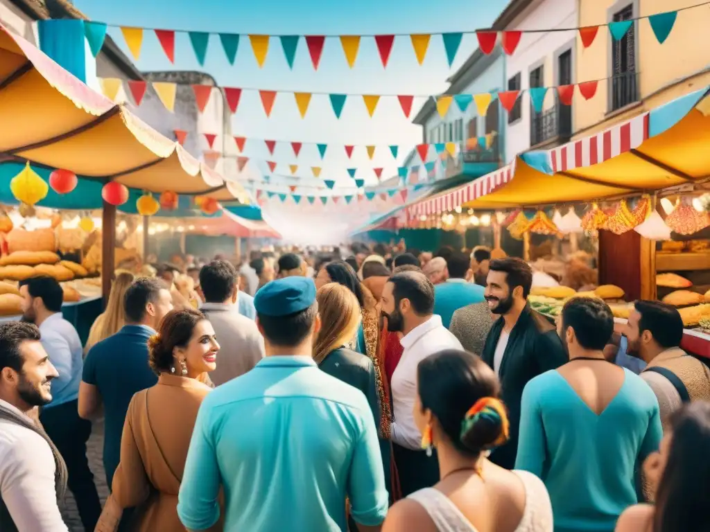 Detallada ilustración acuarela del bullicioso Carnaval Uruguayo con coloridos trajes y puestos de alimentos tradicionales
