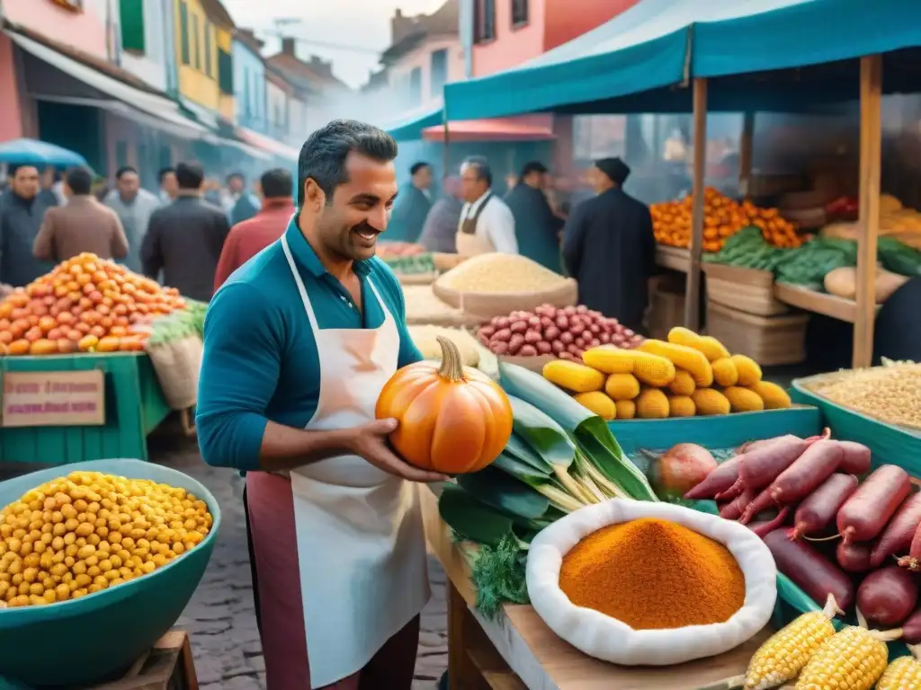 Mercado uruguayo vibrante durante Carnaval: ingredientes para Puchero Ilustración detallada de un bullicioso mercado uruguayo durante el Carnaval, con ingredientes para la receta tradicional Puchero Uruguayo