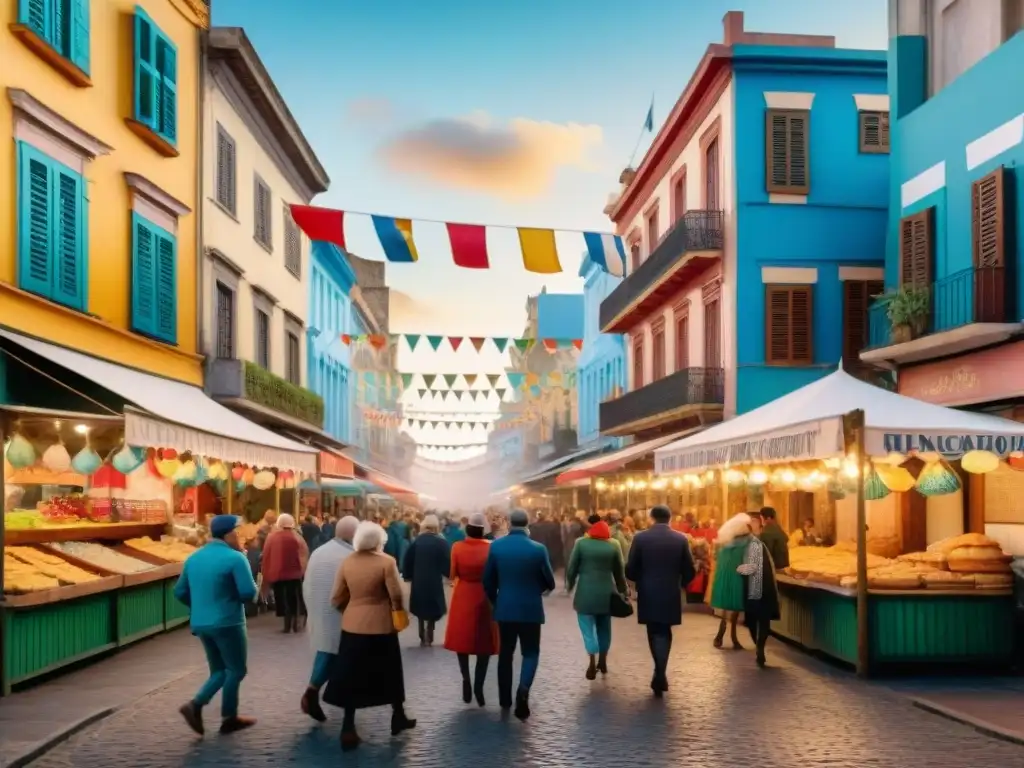 Carnaval en Montevideo: colorido y alegría callejera Detallada ilustración acuarela de carnaval en Montevideo con baile tradicional y empanadas criollas
