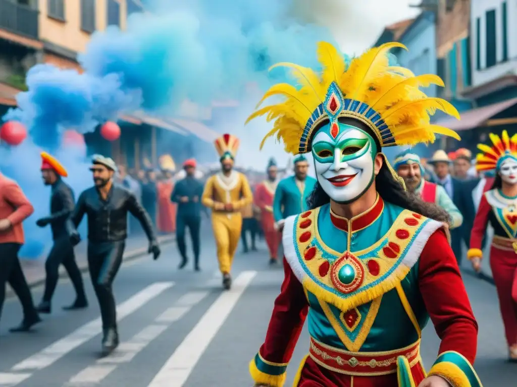 Carnaval en Uruguay: colorida celebración callejera Detallada ilustración acuarela de Carnaval en Uruguay con coloridos trajes y música festiva