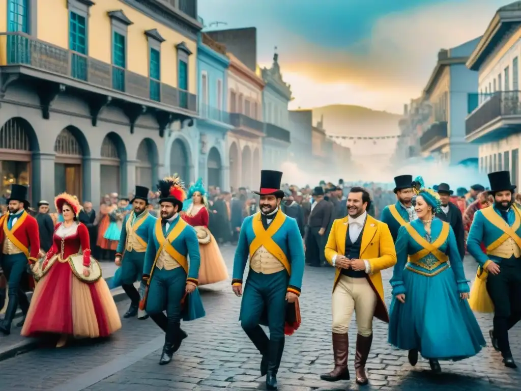 Carnaval en Montevideo: Escena callejera del siglo XIX Ilustración detallada del Carnaval en Montevideo en el siglo XIX, con participantes coloridos y espectadores entusiastas