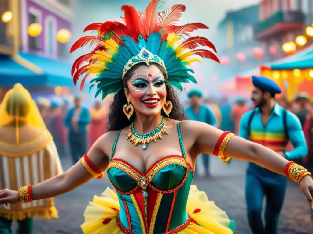 Vibrante Carnaval Uruguayo: Baile y Color Ilustración detallada del Carnaval Uruguayo, con vibrante escena de bailarines y espectadores