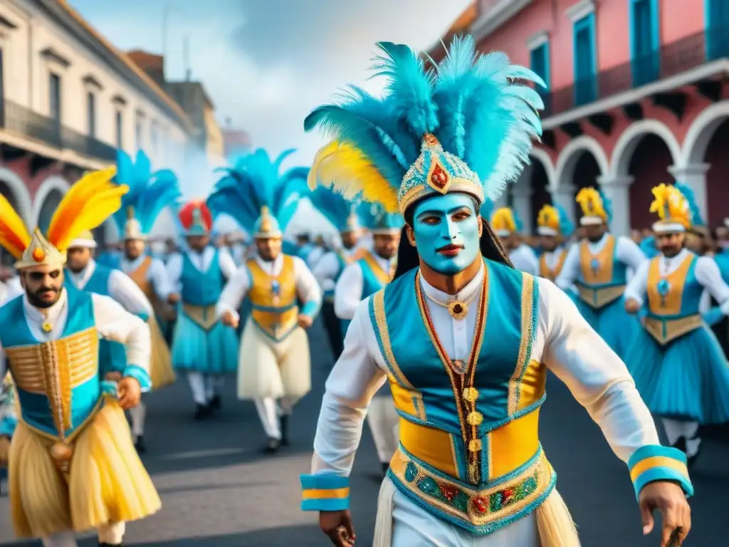 Deslumbrante desfile de Carnaval en Uruguay Detallada ilustración acuarela del Carnaval en Uruguay con vibrante desfile y coloridos trajes