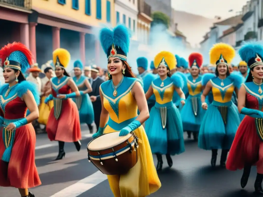 Deslumbrante comparsa de Carnaval en Uruguay Ilustración detallada de una comparsa colorida en el Carnaval Uruguayo