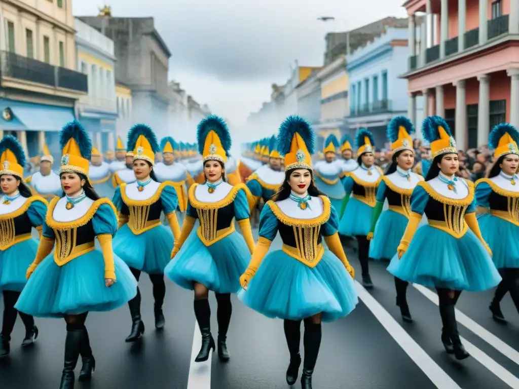 Deslumbrante desfile de comparsas en Uruguay Detallada ilustración acuarela de desfile callejero en Uruguay, mostrando la Evolución de las comparsas uruguayas