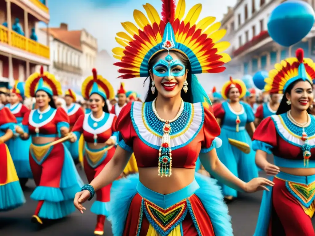Deslumbrante desfile de Carnaval en Uruguay: fiesta vibrante y colorida Detallada ilustración acuarela de desfile vibrante en el Carnaval uruguayo