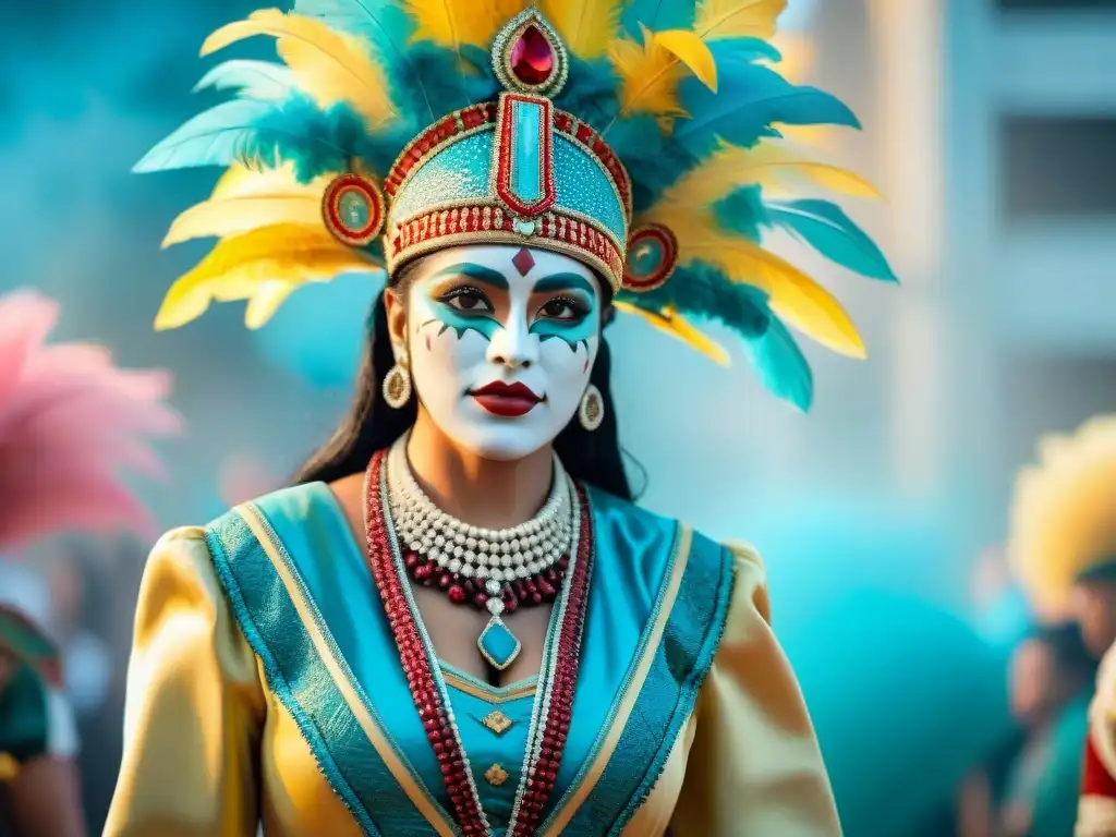 Evolución del Carnaval en Uruguay: de tradiciones indígenas a trajes coloridos y detallados Detallada evolución indumentaria Carnaval Uruguayo desde indígena hasta moderno en acuarela vibrante