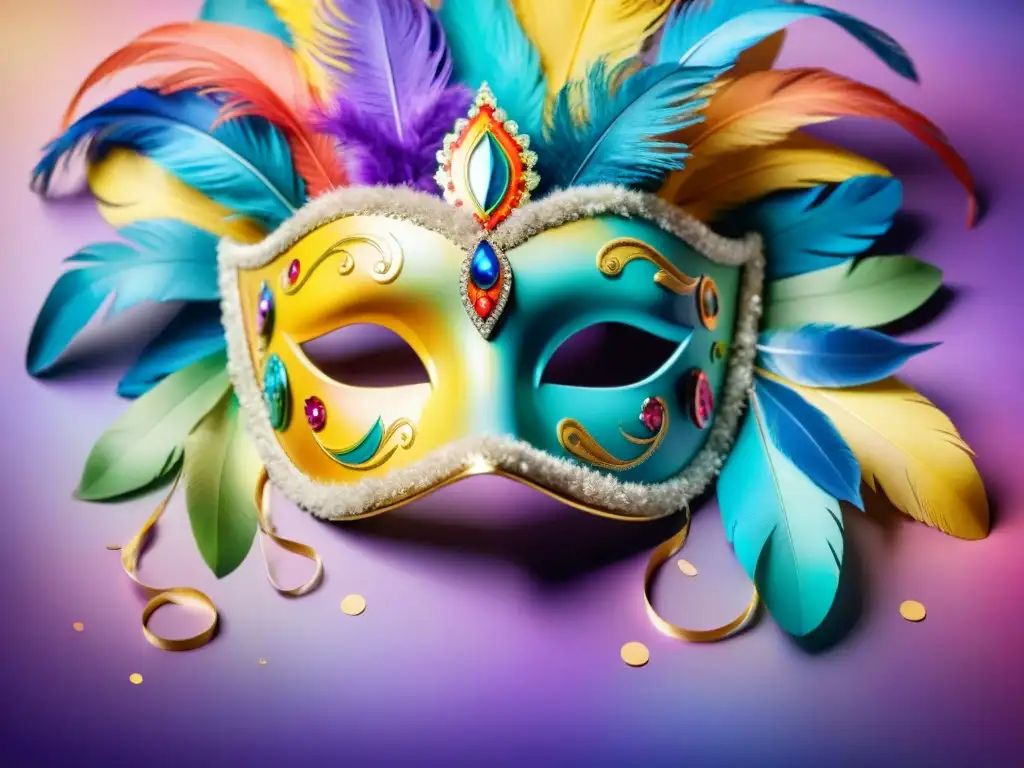Máscara de carnaval vibrante y colorida Detallada máscara de Carnaval con plumas, lentejuelas y diseños intrincados en un ambiente festivo