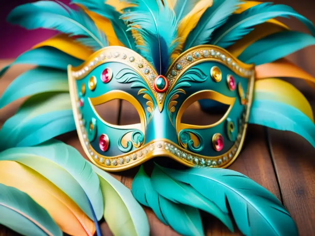 Máscara de carnaval uruguayo: colorida y vibrante Detallada máscara de Carnaval Uruguayo con plumas, lentejuelas y patrones
