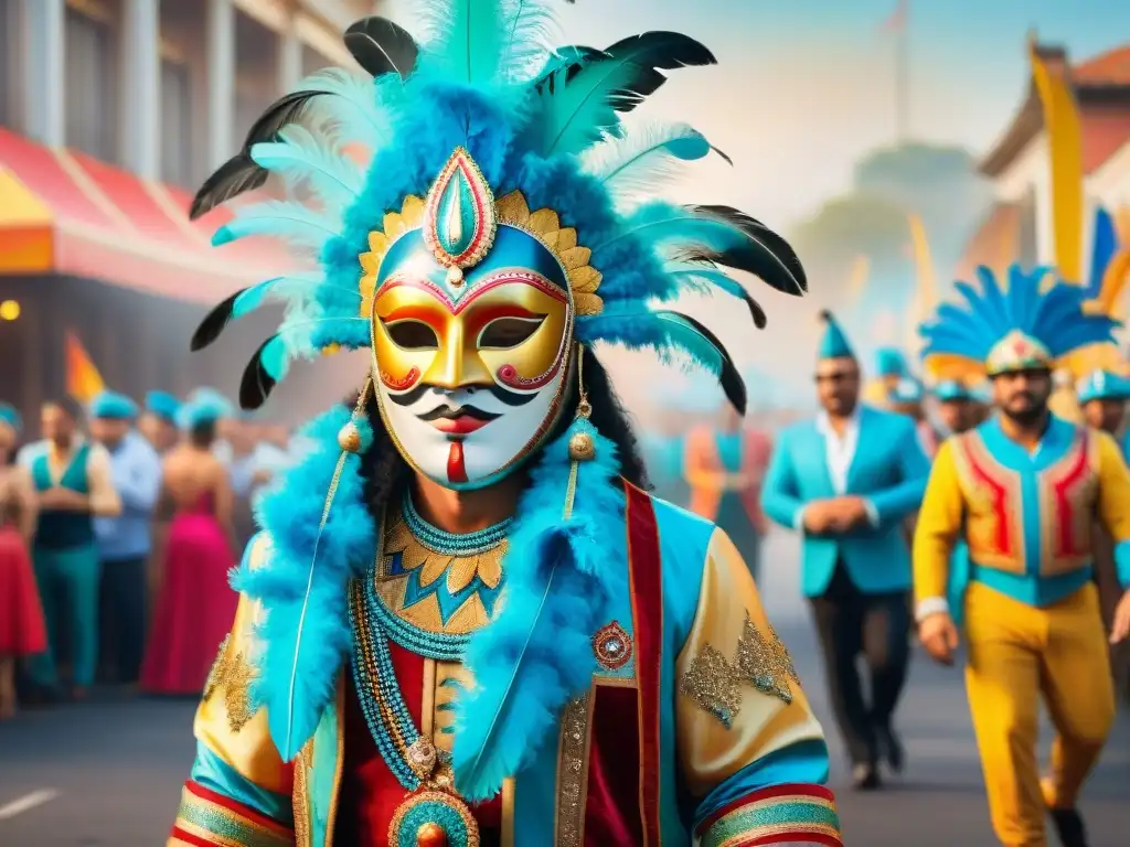 Máscaras de carnaval uruguayo: coloridas y festivas Detallada ilustración acuarela de máscaras tradicionales del Carnaval Uruguayo