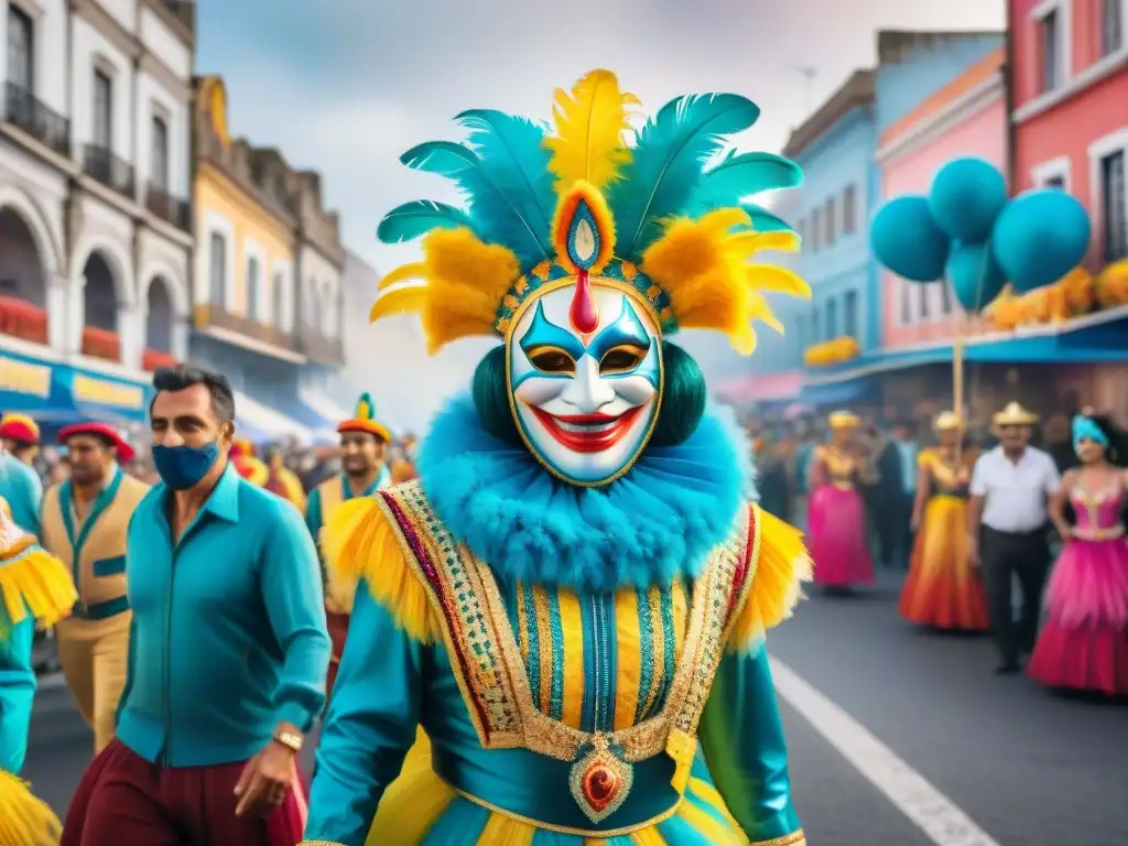 Evolución de Momo en el Carnaval Uruguayo Ilustración acuarela detallada del origen y evolución del Carnaval Uruguayo, mostrando a Momo en diferentes formas a lo largo de la historia