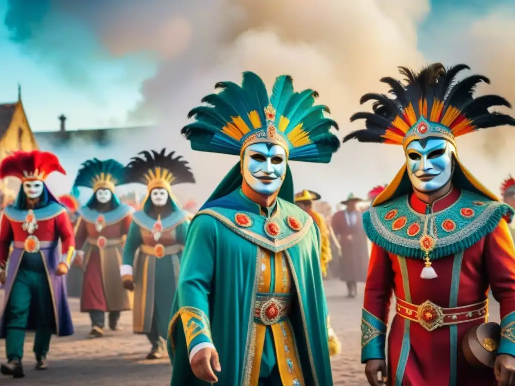 Coloridos Parodistas del Carnaval Uruguayo: Evolución de trajes Ilustración detallada de la evolución de los parodistas en el Carnaval Uruguayo, con trajes coloridos y elaborados