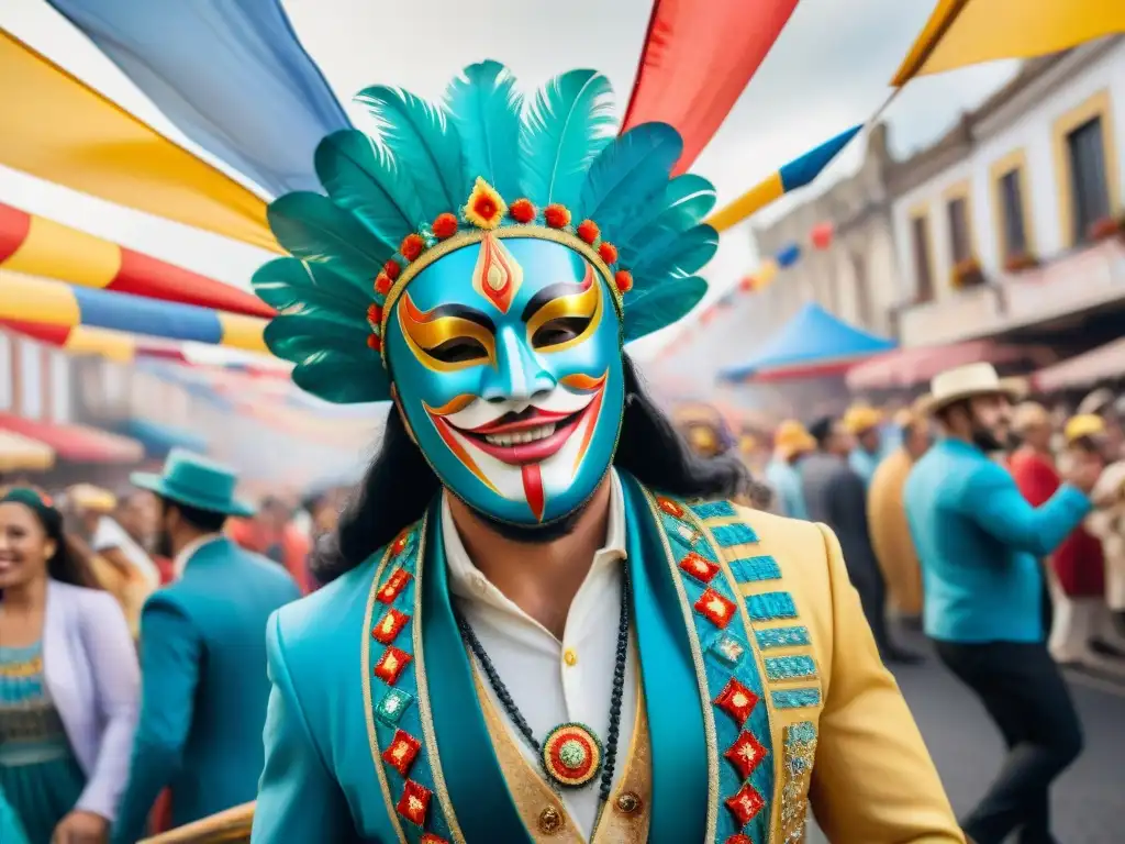 Colorida pintura acuarela del carnaval uruguayo Detallada pintura acuarela de un alegre carnaval uruguayo, transmitiendo la cultura festiva de familias en Uruguay