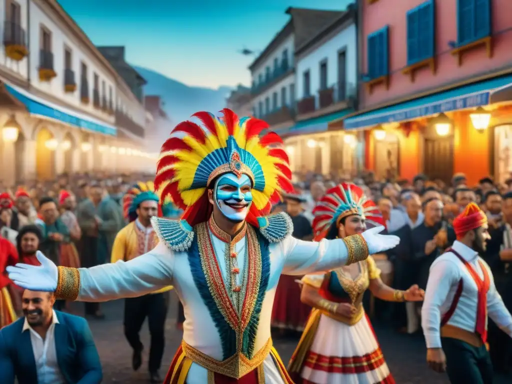 Detallada pintura de acuarela del animado tablado nocturno en el Carnaval Uruguayo, destacando la importancia de los espacios físicos