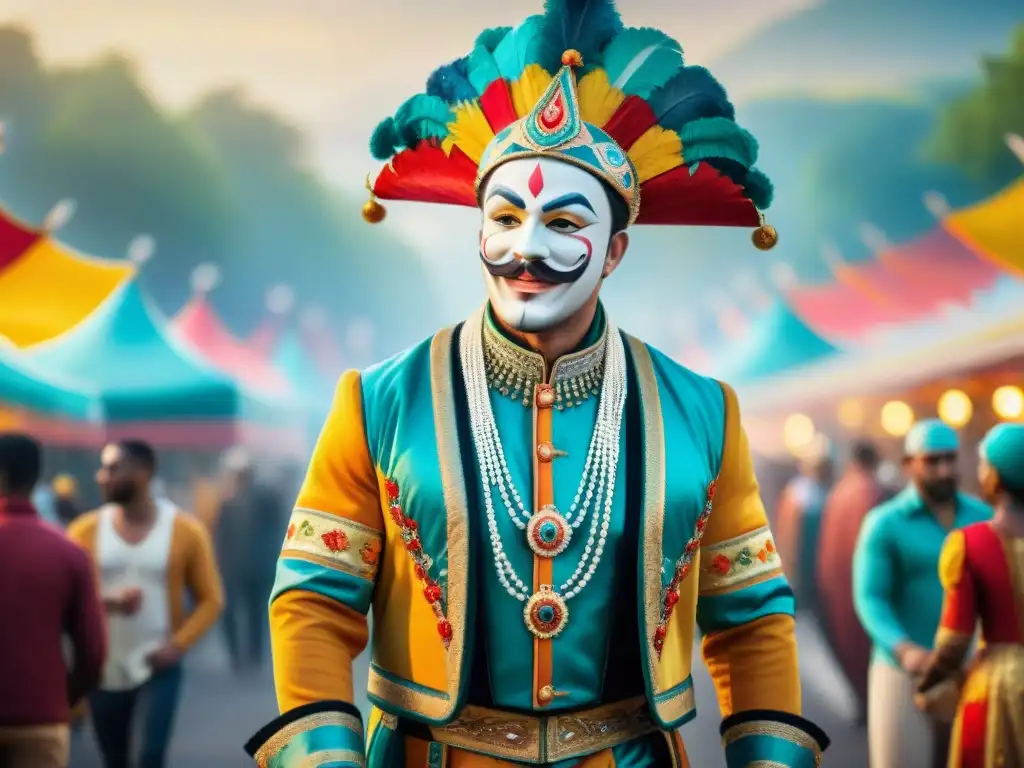 Artesanía y color en un vibrante carnaval tradicional Detallada pintura acuarela de un animado carnaval, donde artesanos crean trajes con técnicas ancestrales