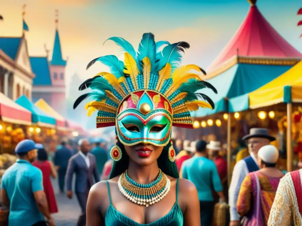 Mercado callejero vibrante: accesorios de carnaval únicos y coloridos Detallada pintura acuarela de un bullicioso mercado callejero con accesorios originales para Carnaval y animado ambiente cultural