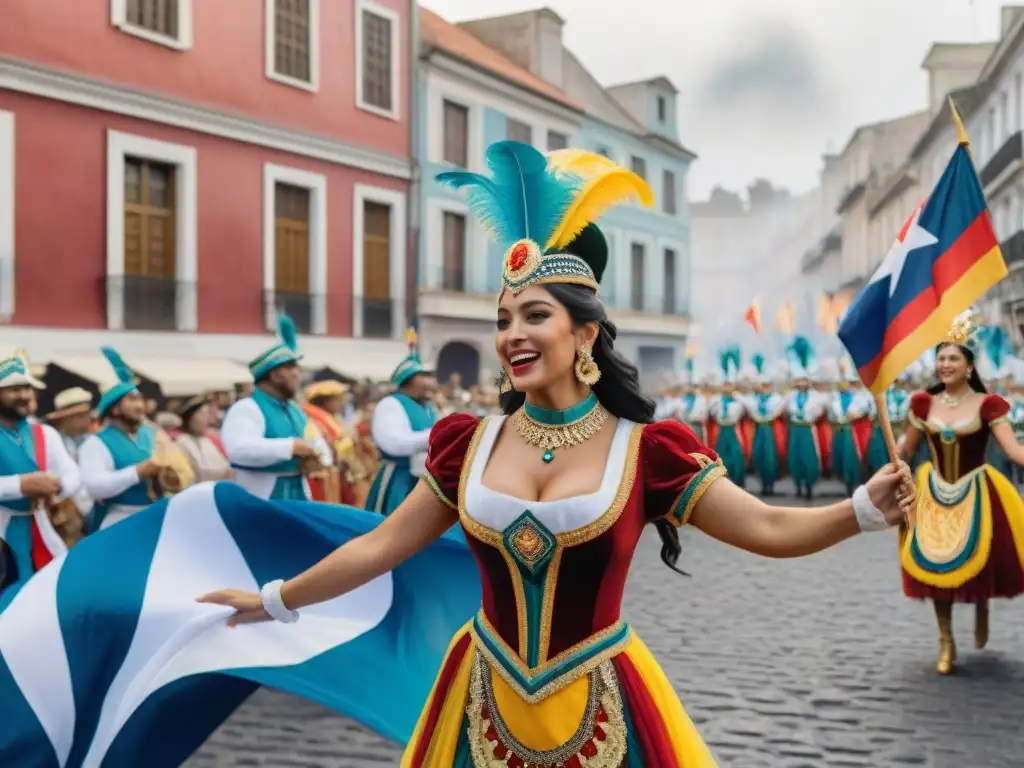 Pintura acuarela detallada del Carnaval Uruguayo: tradición y color Detallada pintura acuarela del Carnaval Uruguayo, con danzantes y coloridas carrozas en las calles empedradas