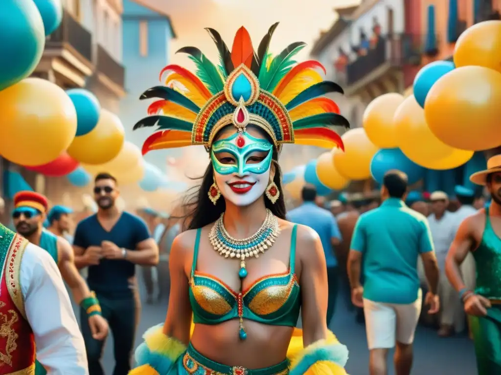 Vibrante Carnaval Uruguayo: Arte en Acuarela Detallado Una detallada pintura acuarela del Carnaval Uruguayo, con vibrantes disfraces y danzas, capturando la energía festiva