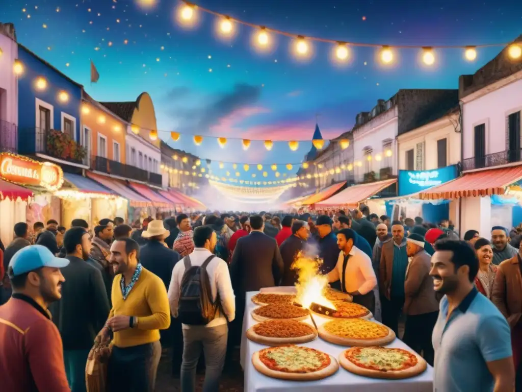 Vibrante Carnaval Uruguayo: Pizzas y Celebración en la Calle Detallada pintura acuarela de Carnaval en Uruguay con gente disfrutando pizza a la parrilla en bulliciosa calle