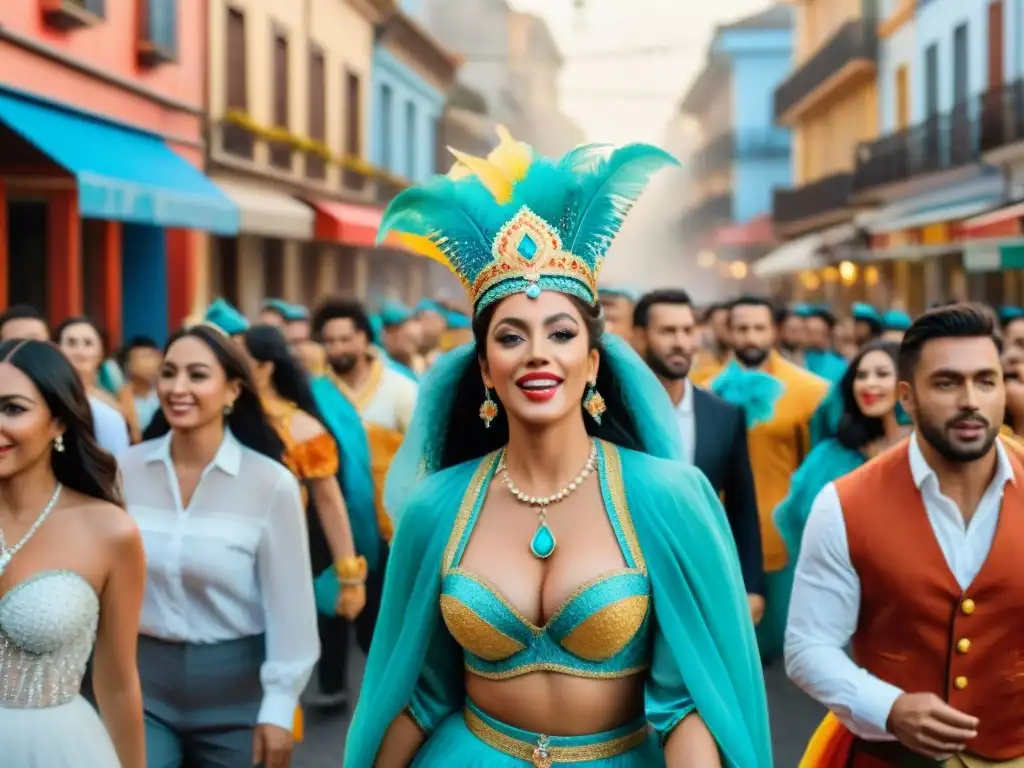 Detalles vibrantes del Carnaval Uruguayo Detallada pintura acuarela del Carnaval Uruguayo, con vibrantes carros alegóricos y coloridos trajes, destacando el impacto económico