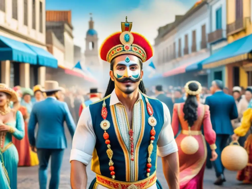 Pintura acuarela del Carnaval en Uruguay Detallada pintura acuarela de Carnaval en Uruguay, con trajes y arquitectura origenes traje Carnaval Uruguayo