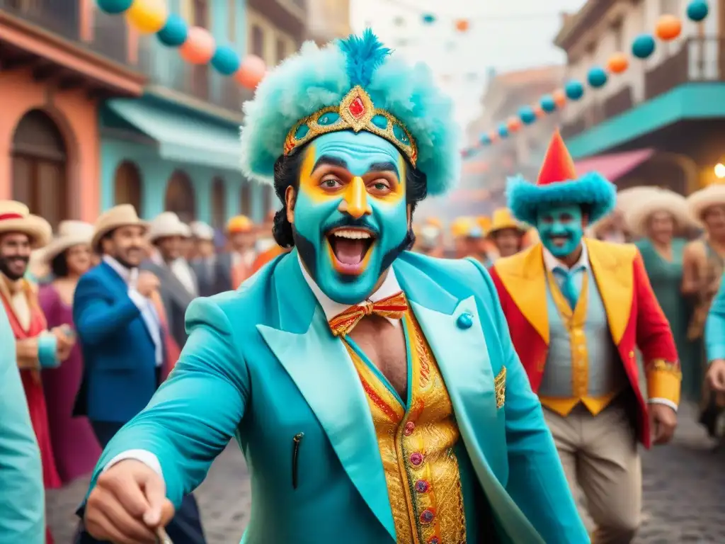 Cuadro acuarela de humoristas uruguayos en Carnaval Detallada pintura acuarela de humoristas uruguayos en trajes de Carnaval, transmitiendo alegría y energía cómica en desfile callejero vibrante