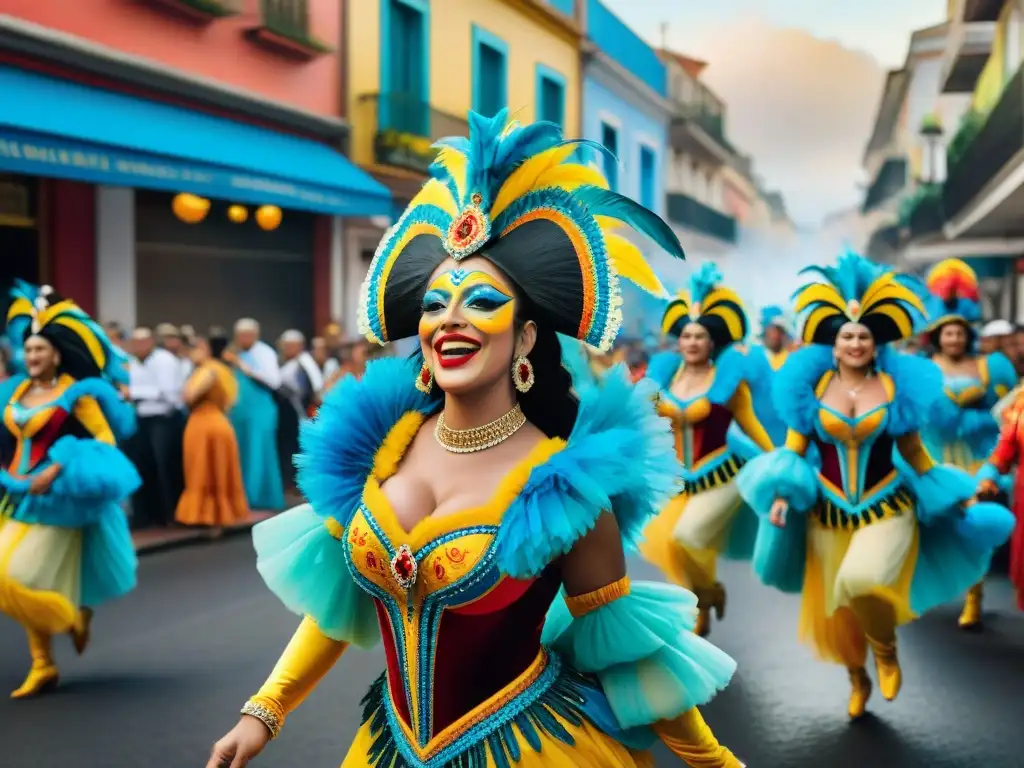 Pintura acuarela detallada del Carnaval Uruguayo Una detallada pintura acuarela que muestra la influencia del Carnaval de Brasil en una vibrante escena callejera del Carnaval Uruguayo