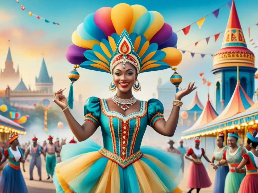 Colorida fusión cultural: Carnaval global en acuarela Detallada pintura acuarela fusiona influencias internacionales en alegre escena de carnaval con vibrantes colores y danzas festivas