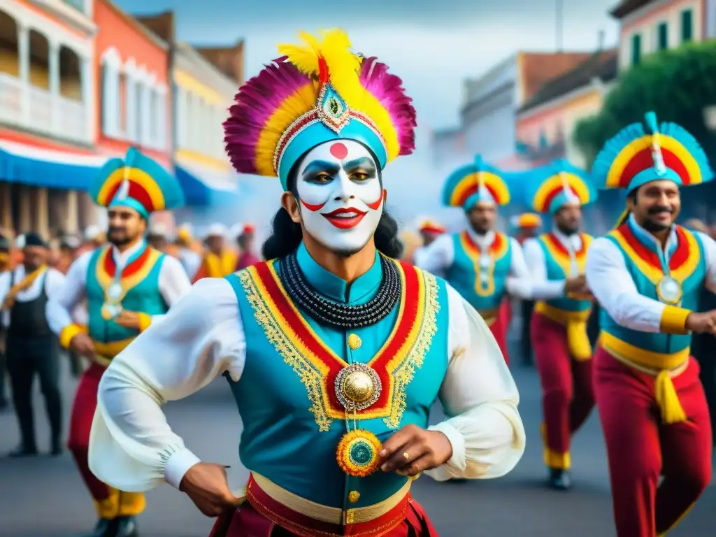 Vibrante murga en el Carnaval de Uruguay Detallada pintura acuarela de murgueros vibrantes en desfile carnavalesco, capturando técnicas vocales para murga