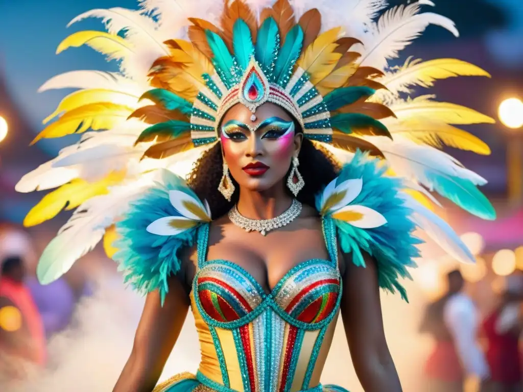 Detallada pintura acuarela de traje de carnaval vibrante Detallada pintura acuarela de un vibrante disfraz de carnaval con plumas y lentejuelas