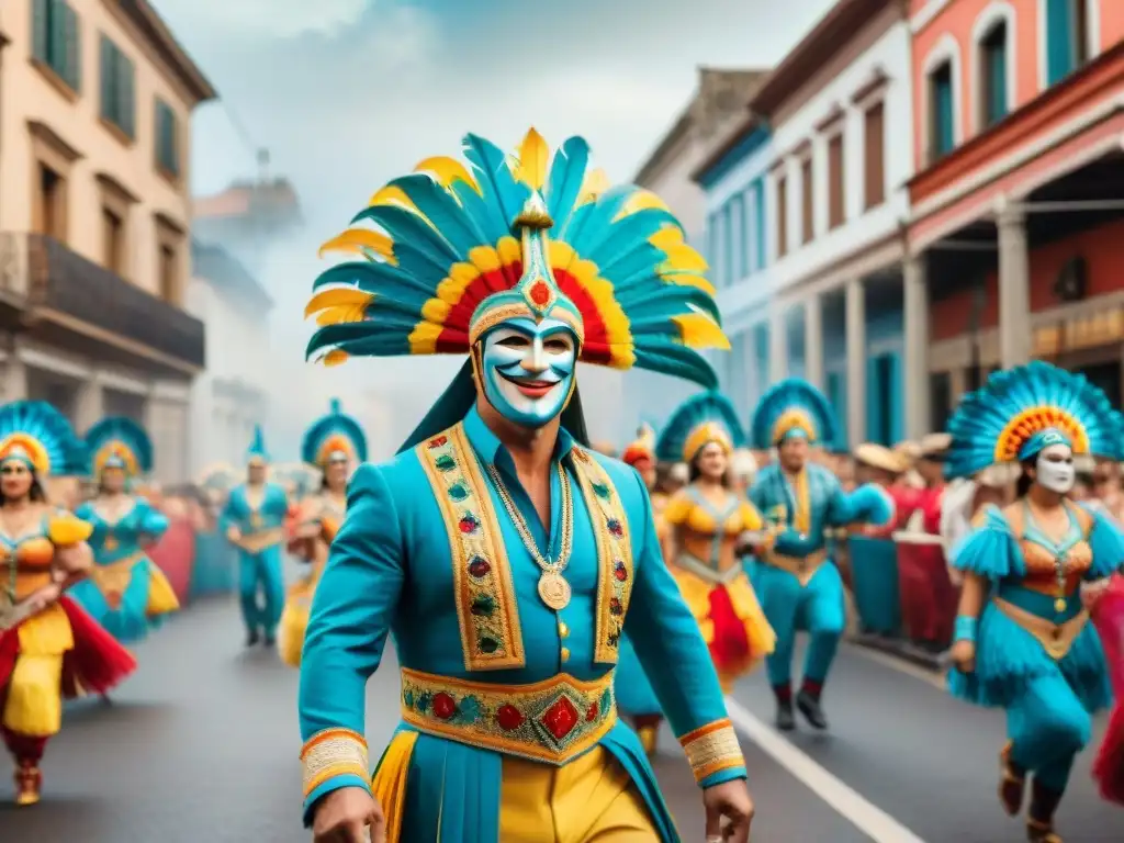 Colorido Desfile de Carnaval en Uruguay: Detalles Vibrantes en Acuarela Una detallada pintura acuarela del vibrante desfile de Carnaval en Uruguay, con trajes coloridos y música alegre