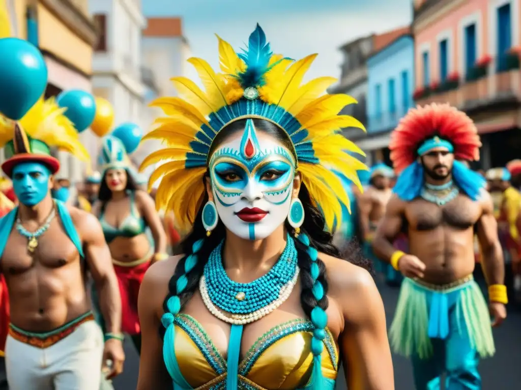 Deslumbrante Carnaval de Uruguay: parodistas y coloridas carrozas Detallada pintura acuarela del vibrante Carnaval en Uruguay, destacando la evolución de los parodistas
